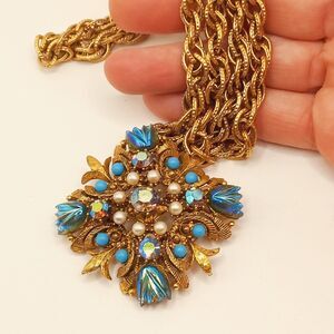 Florenza Gold Tone Tulip Glass Blue Rhinestone Pearl Brooch Pendant